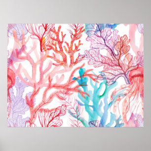 Watercolor corals. Seamless pattern with the under Poster