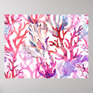 Watercolor corals. Seamless pattern with the under Poster