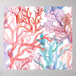 Watercolor corals: underwater world pattern. poster