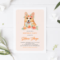 Watercolor Corgi Peach Florals Dog Birthday Party