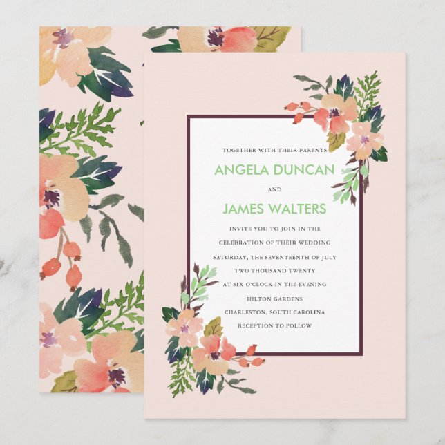 Watercolor Corner Flowers Wedding Invitation (Front/Back)