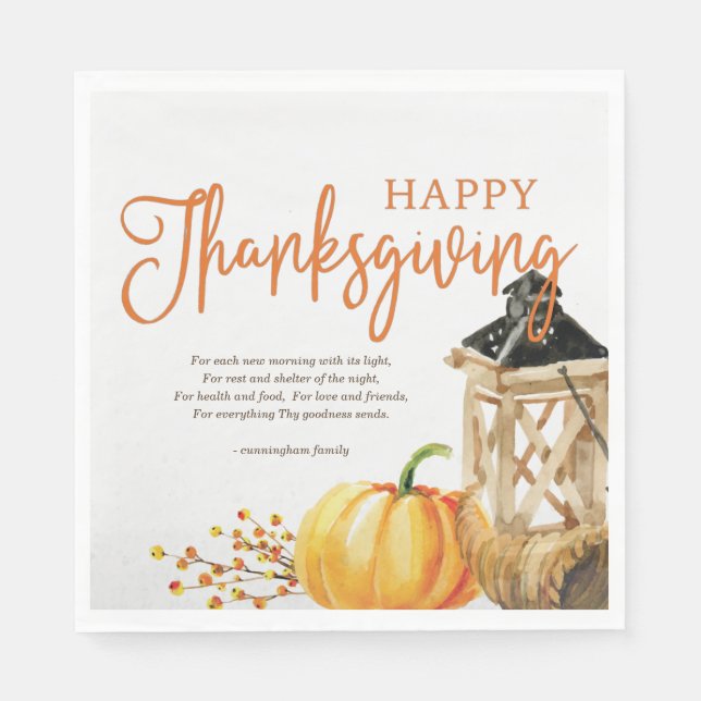 Watercolor Cornucopia Pumpkin Thanksgiving Poem Napkin (Front)