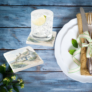 Watercolor Cornwall Seaside Cottage Stone Coaster