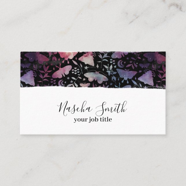 Watercolor Cosmic Moths Confetti Modern Business Card (Front)