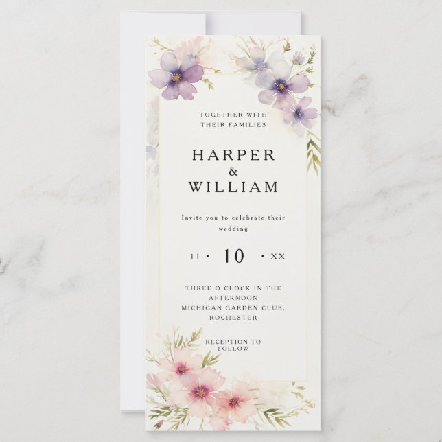Watercolor cosmos flowers wedding invitation (Front)