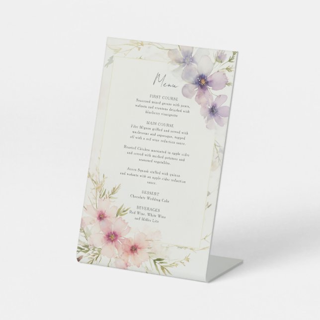 watercolor cosmos flowers wedding menu pedestal sign (Front)