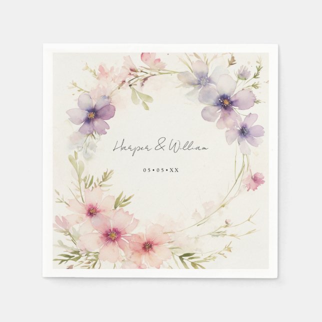 Watercolor cosmos flowers wedding napkin (Front)