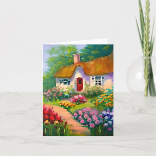 Watercolor cottage and flowers customizable card