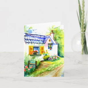 Watercolor cottage and flowers customizable card