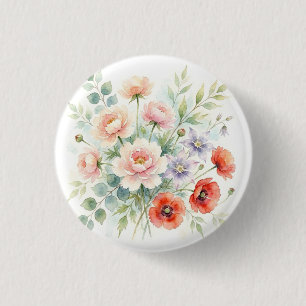 Watercolor Cottage Garden Wildflower Bouquet 1 Inch Round Button