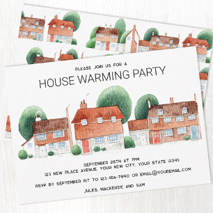 Watercolor Cottages New Home House Warming Party Invitation