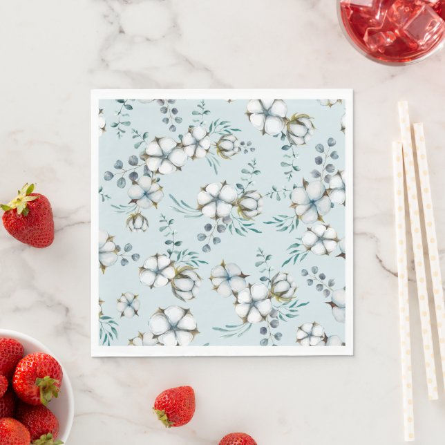 Watercolor Cotton Flowers and Eucalyptus Napkin (Insitu)