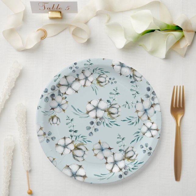 Watercolor Cotton Flowers and Eucalyptus Paper Plate (Wedding)