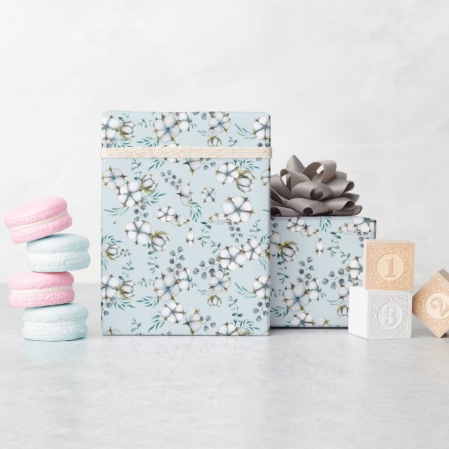 Watercolor Cotton Flowers and Eucalyptus Wrapping Paper (Baby Shower)
