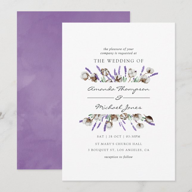 Watercolor Cotton Lavender Country Wedding Invitation (Front/Back)