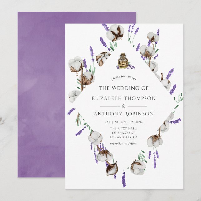 Watercolor Cotton Lavender Country Wedding Invitation (Front/Back)