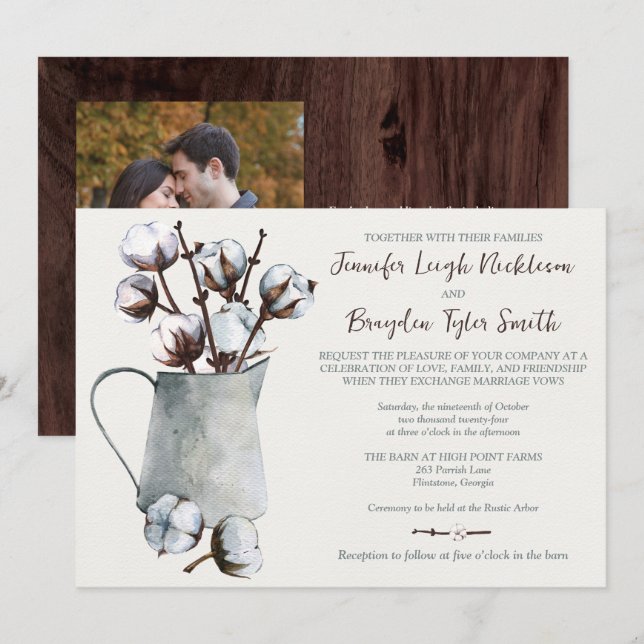 Watercolor Cotton Stems in Grey Pitcher Wedding Invitation (Front/Back)