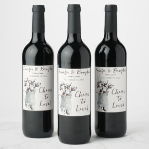 Watercolor Cotton Stems in Grey Pitcher Wedding Wine Label