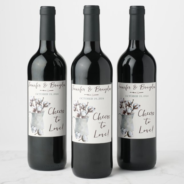Watercolor Cotton Stems in Grey Pitcher Wedding Wine Label (Bottles)