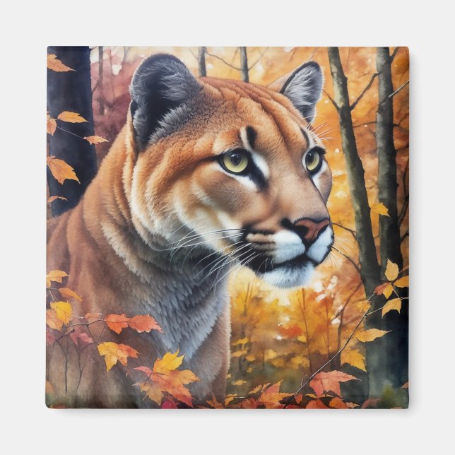 Watercolor Cougar Cat Autumn Art Magnet (Front)