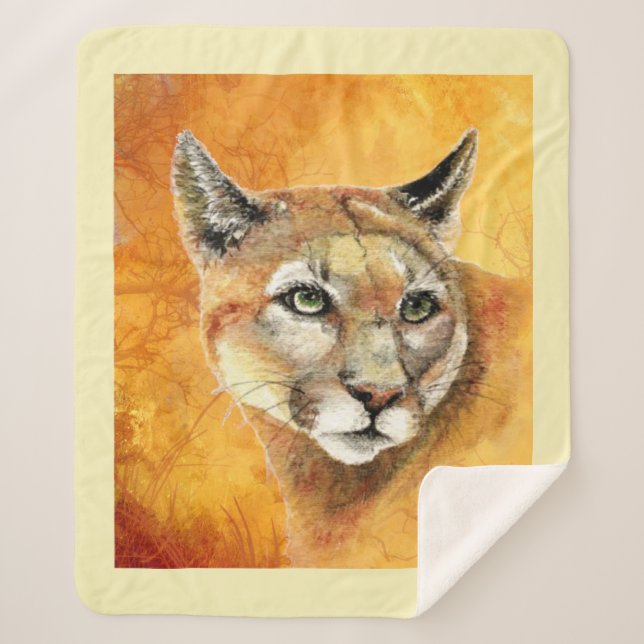 Watercolor Cougar Mountain Lion Cat Wildlife Sherpa Blanket (Front)