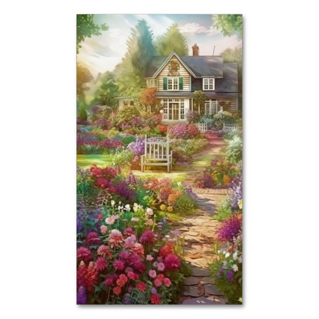 Watercolor Country Garden Background Magnetic Business Card (Front Vertical)