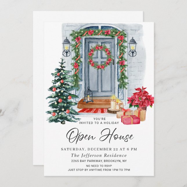 Watercolor Country Holiday Christmas Open House Invitation (Front/Back)