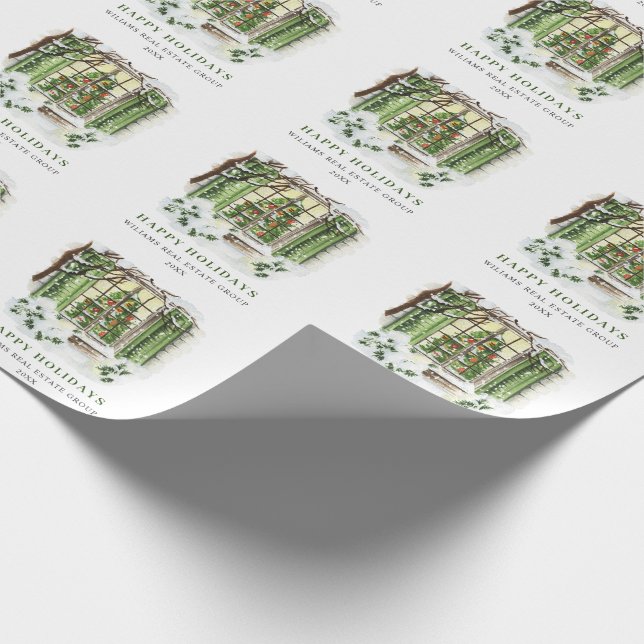 Watercolor Country House Christmas Holiday Wrapping Paper (Corner)