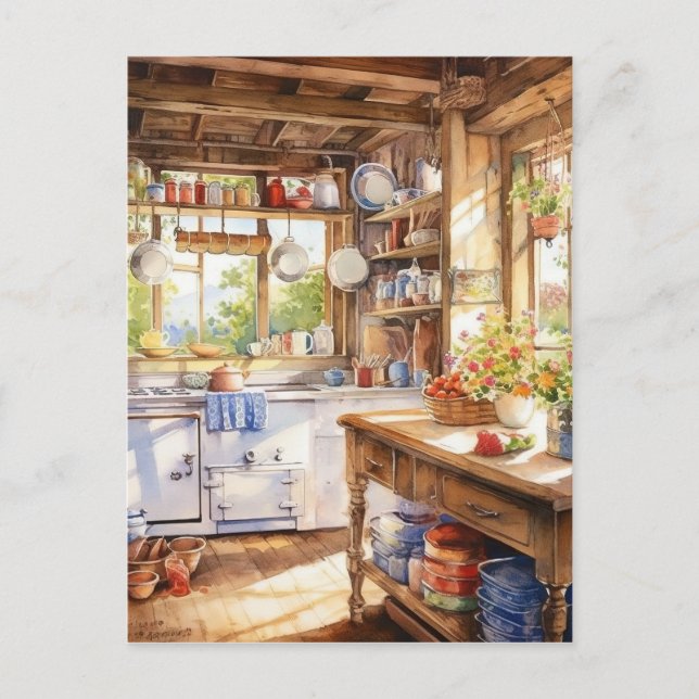Watercolor Country Kitchen Background Postcard (Front)