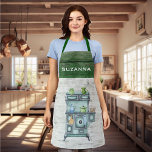 Watercolor Country Kitchen Green Personalized name Apron<br><div class="desc">This design was created though digital art. It may be personalized in the area provided by changing the photo and/or text. Or it can be customized by choosing the click to customize further option and delete or change the colour the background, add text, change the text colour or style, or...</div>