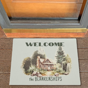 Watercolor Country Log Cabin Scenery Custom Doorma Doormat