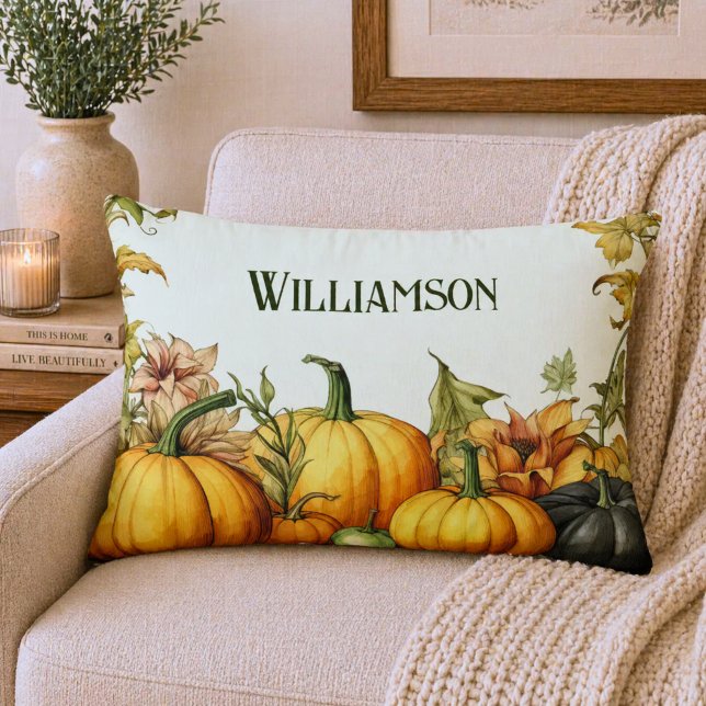 Watercolor Country Pumpkin Patch Monogram Accent Pillow (Creator Uploaded)