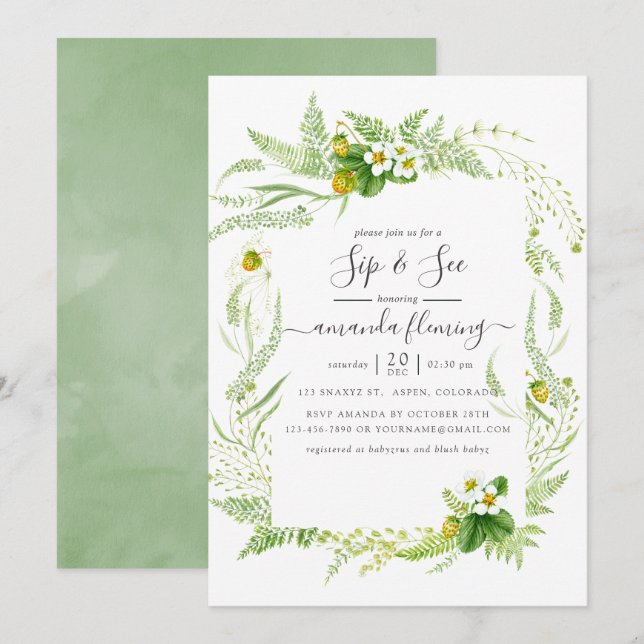 Watercolor Country Rustic Greenery Sip and See Invitation (Front/Back)