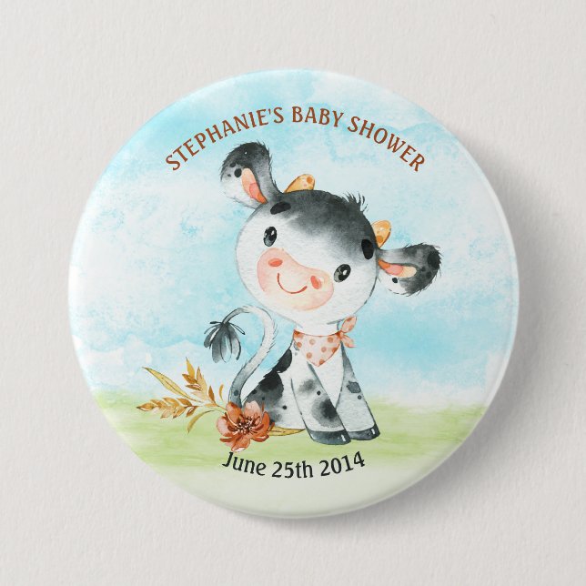 Watercolor Cow Baby Shower Farm 3 Inch Round Button (Front)