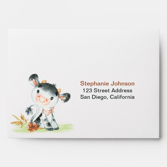 Watercolor Cow Baby Shower Farm Envelope (Front)