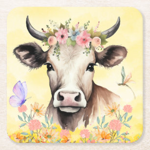 Watercolor Cow Flowers in a Meadow  Square Paper Coaster
