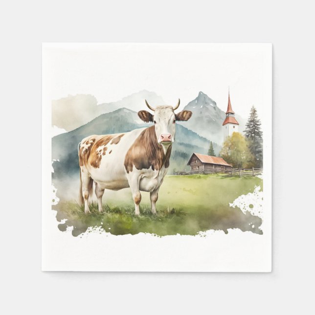 Watercolor Cow In Mountain Valley Napkin (Front)