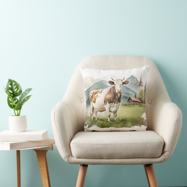 Watercolor Cow In Mountain Valley Throw Pillow (Chair)