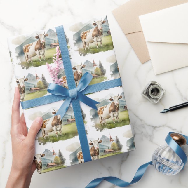 Watercolor Cow In Mountain Valley Wrapping Paper (Gifting)