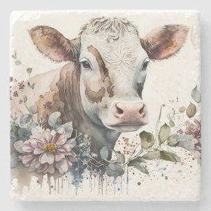Watercolor Cow In Wildflowers Stone Coaster