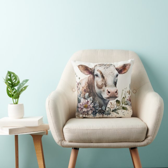 Watercolor Cow In Wildflowers Throw Pillow (Chair)