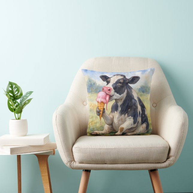 Watercolor Cow Licking an Ice Cream Cone Throw Pillow (Chair)
