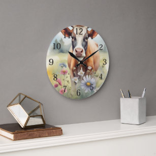 Watercolor cow lover Rustic Farmhouse Large Clock