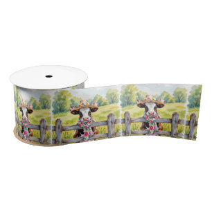 Watercolor Cow Wearing a Floral Print Hat Satin Ribbon