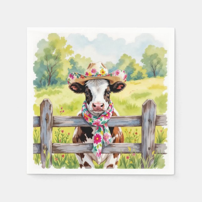 Watercolor Cow Wearing a Summer Hat Napkin (Front)