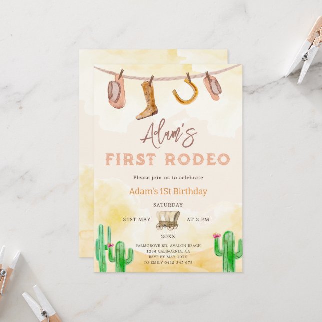 Watercolor Cowboy Neutral Southern First Birthday  Invitation (Front/Back In Situ)