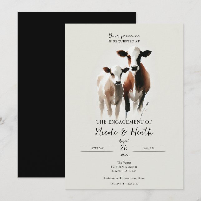 Watercolor Cows Minimal Rustic Engagement Party Invitation (Front/Back)