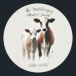 Watercolor Cows Minimal Rustic Wedding Classic Round Sticker<br><div class="desc">Customize with any text.</div>