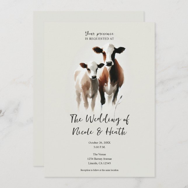 Watercolor Cows Minimal Rustic Wedding Invitation (Front/Back)