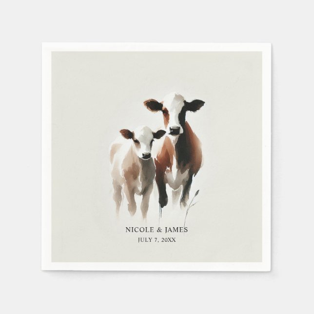 Watercolor Cows Minimal Rustic Wedding Napkin (Front)